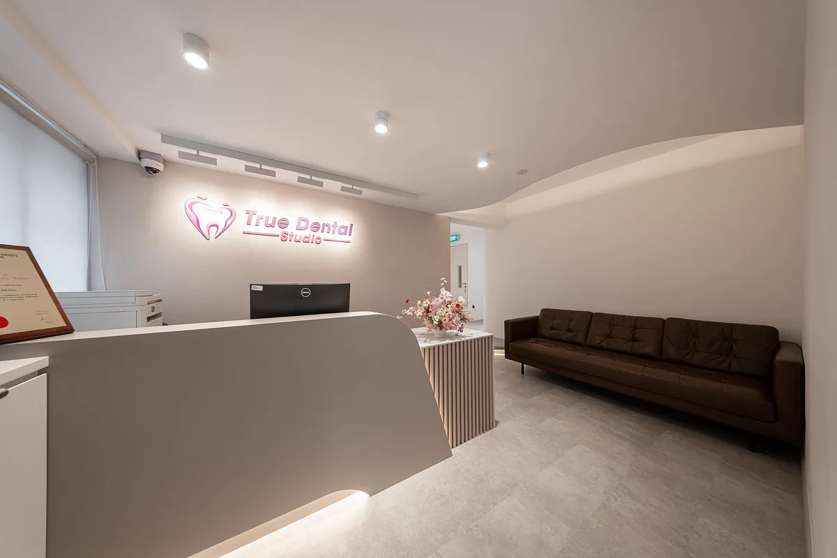 Reception and waiting area of True Dental Studio, a dental clinic in Ang Mo Kio, Singapore.
