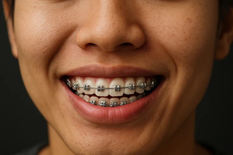 Asian woman smiling with braces to align teeth and improve bite function and aesthetic appearance.