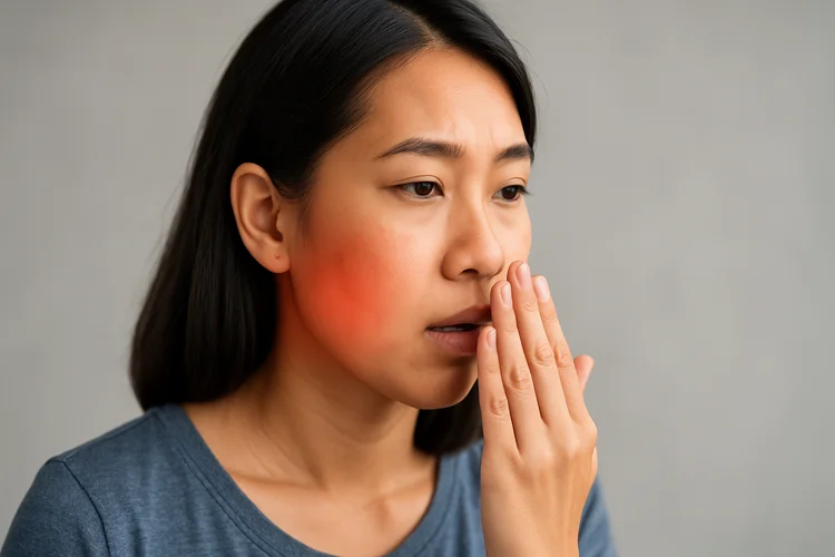 Woman smelling bad breath from impacted wisdom tooth causing unpleasant taste and discomfort.
