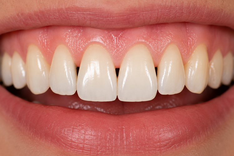 Black triangle teeth gap between the upper front teeth in a close-up smile.