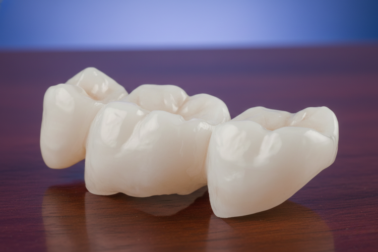 A three-unit ceramic dental bridge with two crowns and a central pontic.