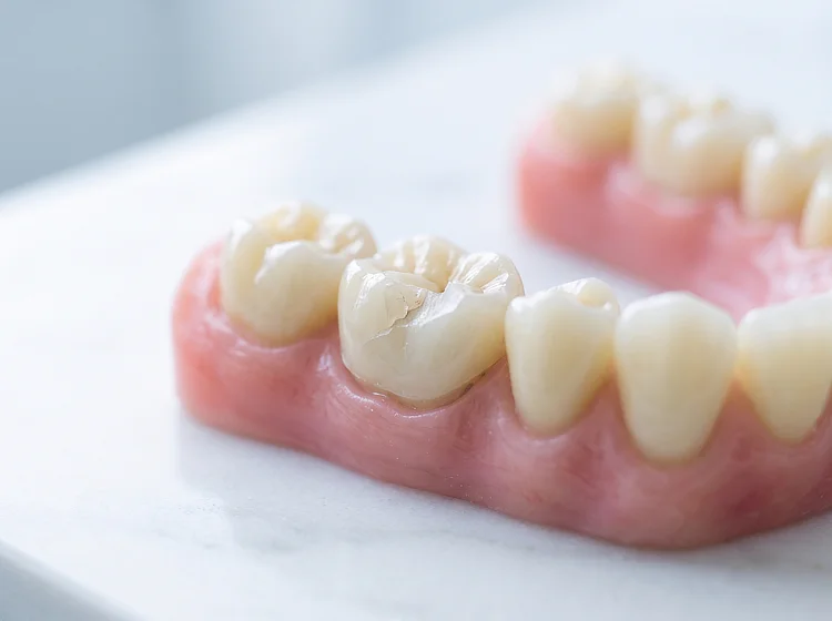 Close-up of a chipped tooth with a rough edge on a dental model.
