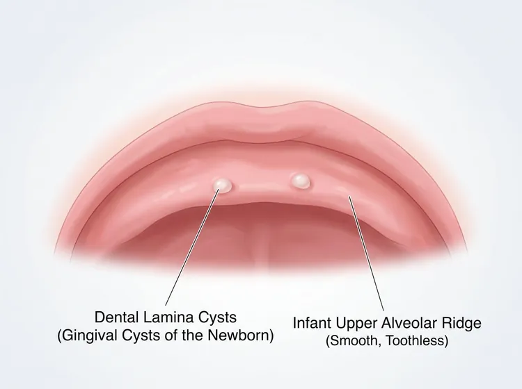 Diagram of dental lamina cysts as small white bumps on a newborn's gum ridge.
