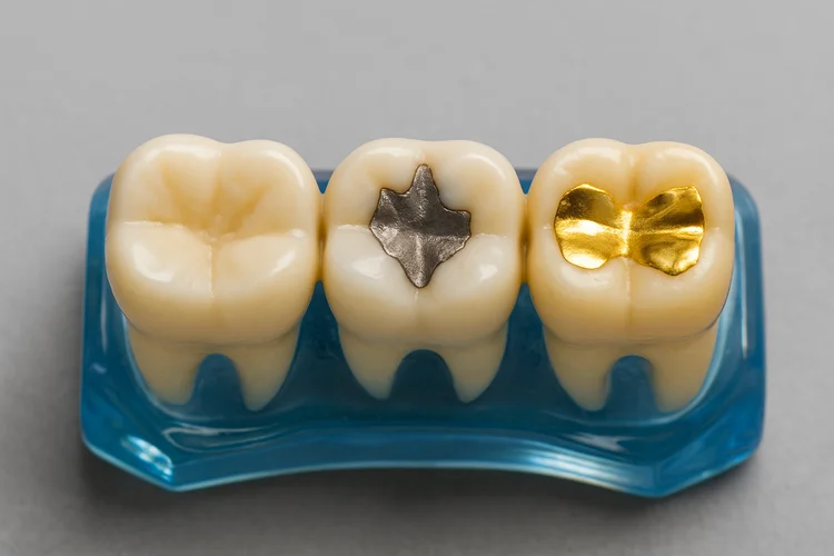 Dental model showing composite resin amalgam and gold tooth fillings for restorative treatment.
