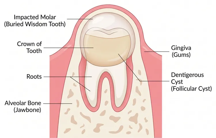 Diagram of a dentigerous cyst surrounding the crown of an impacted wisdom tooth.