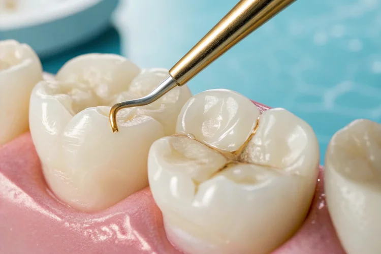 Dentist using dental sculpting instrument to shape composite resin material tooth filling on model.