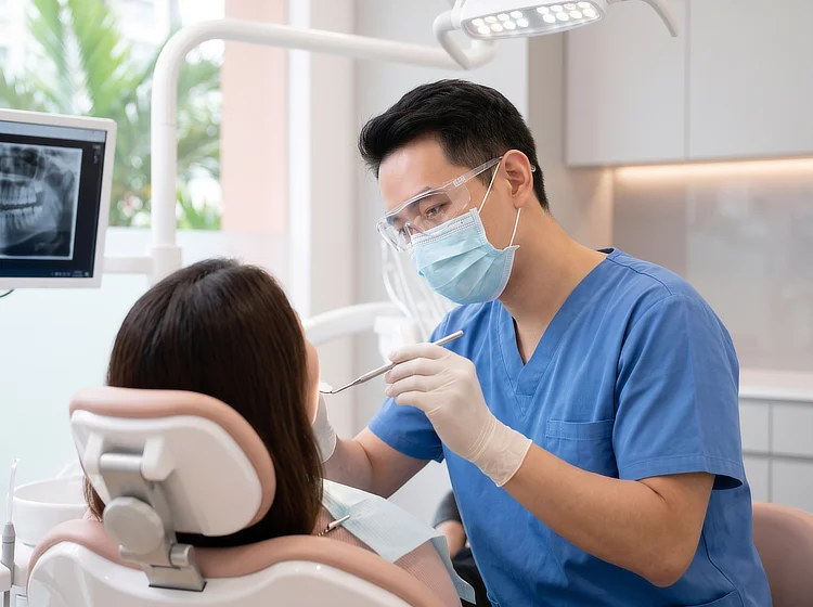 Dentist examining a patient's mouth while seated in a dental chair.