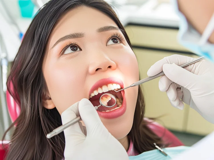 Dentist examining young Singaporean woman’s teeth for alignment, enamel thickness, and existing dental health issues, which may require restorative treatment before veneers can be placed.