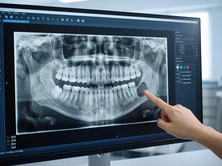 Dentist pointing to a dental cyst on a panoramic X-ray of the jaw.