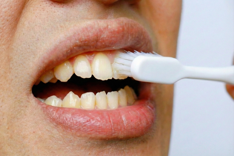 Person using a soft-bristled toothbrush during recovery after root planing.
