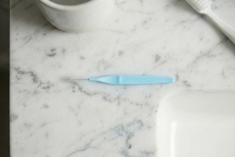 Interdental brush used for cleaning beneath and around a dental bridge.