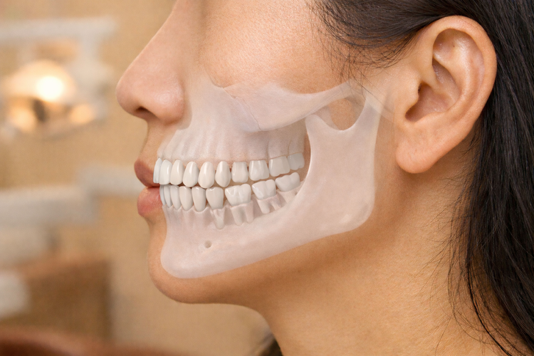Side profile of a face with an overlay showing the jaw, teeth, and facial bones.