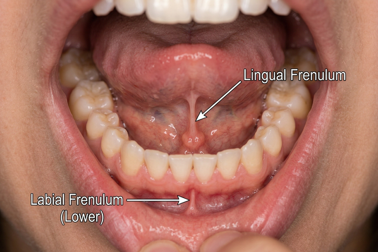 Open mouth showing the lingual frenulum under the tongue and labial frenulum.
