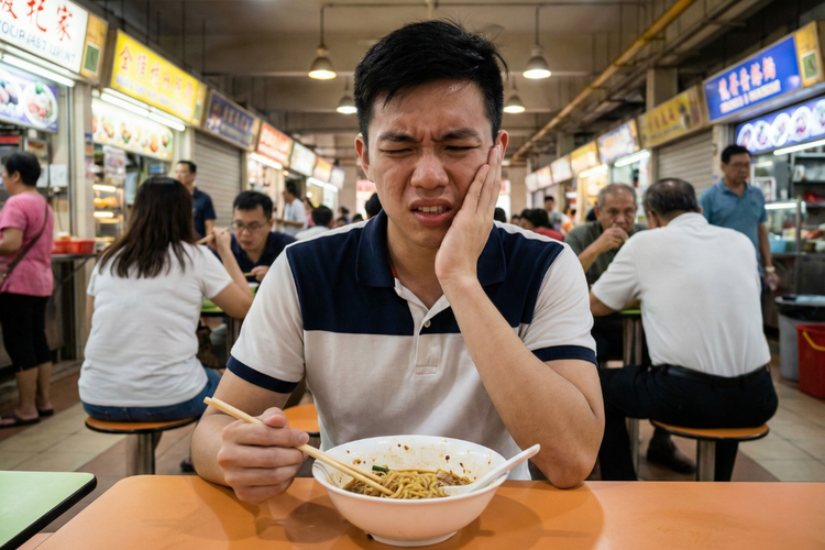 Man wincing in tooth pain when biting down on noodles at a hawker centre.