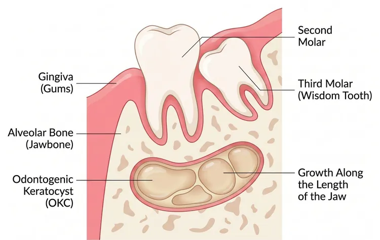 Diagram of an odontogenic keratocyst growing along the lower jaw below two molars.