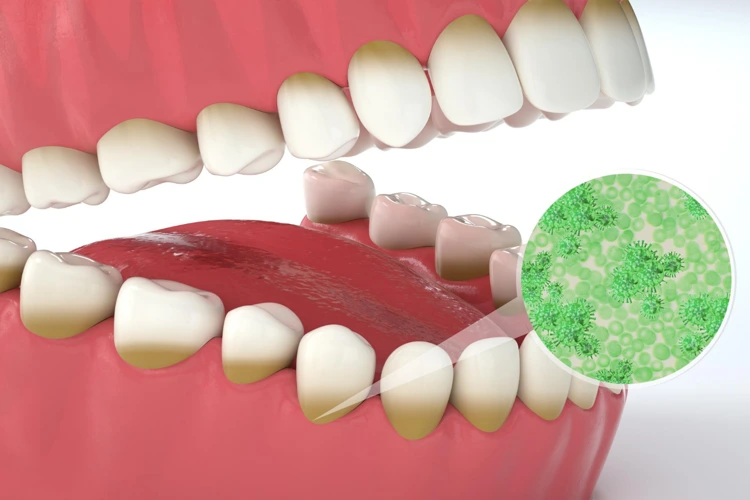 3D image of a close up view on a set of teeth with the presence of oral bacteria.