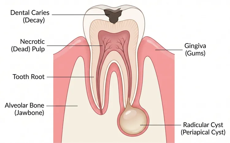 Diagram of a decayed tooth with dead pulp and a cyst at the root tip.