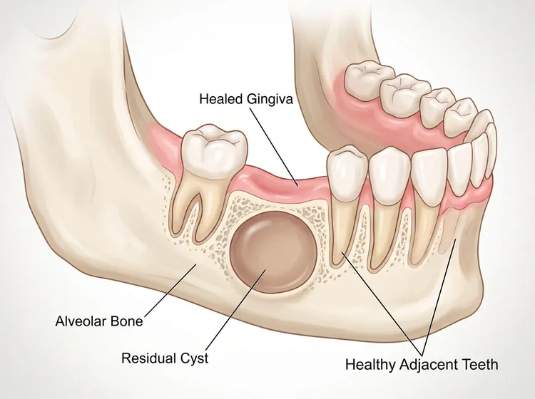 Diagram of a residual cyst in the jawbone beneath a healed extraction site.