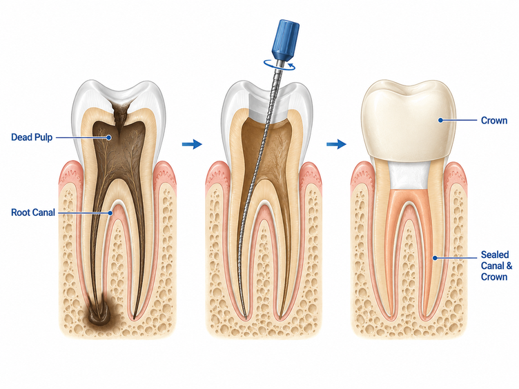 Three stages of root canal treatment on a dead tooth, ending with a crown.