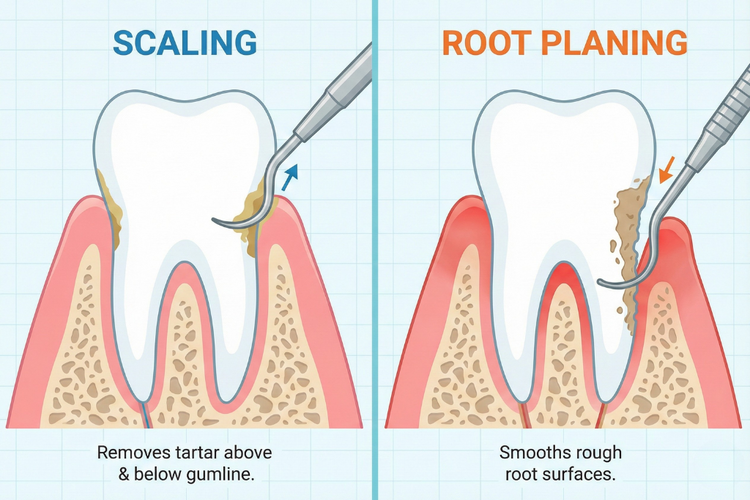 Illustration comparing scaling and root planing for gum (periodontal) disease treatment.