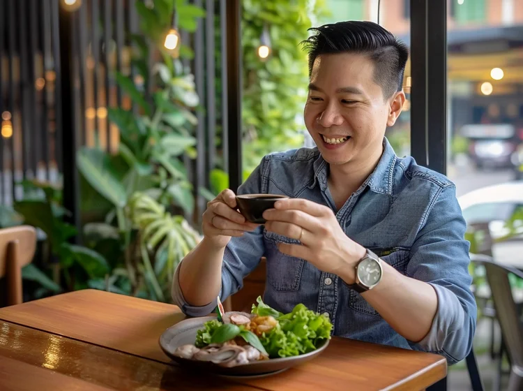 Singaporean man happily eating and drinking after getting porcelain veneers, known for their long-term durability and high resistance to chipping and wear.