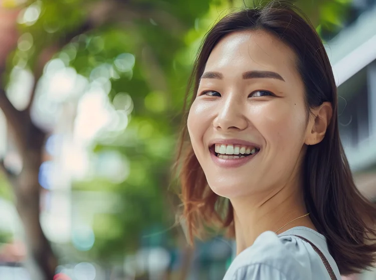 Singaporean woman smiling brightly and confidently after making an invaluable investment in dental veneers.