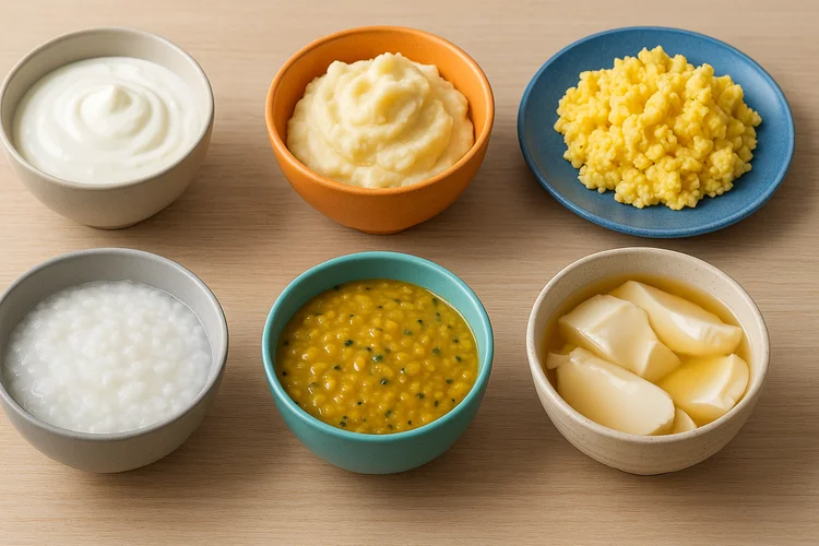 Soft Singaporean foods for wisdom tooth extraction recovery including porridge, dhal, and tau huay.