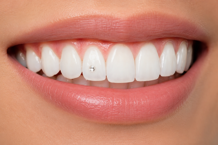 Close-up of a smile with a small crystal tooth gem bonded to a front tooth.
