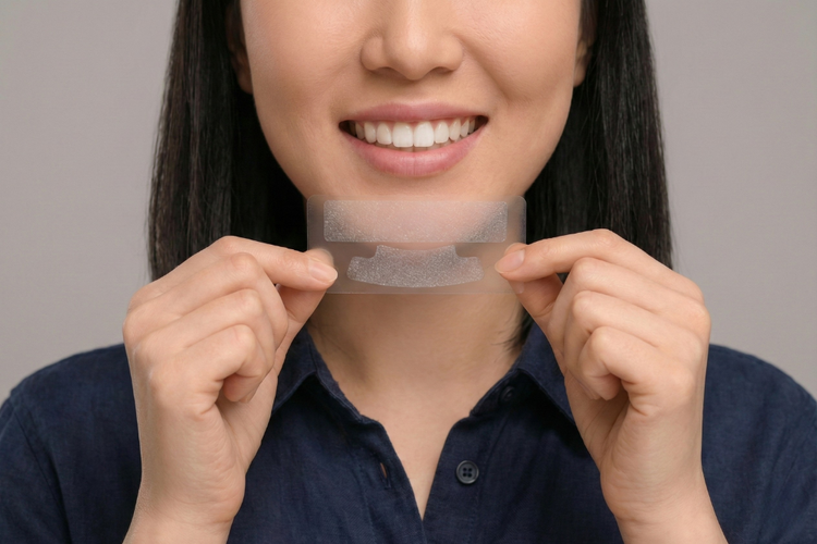 Woman smiling while holding a whitening strip before applying it to her teeth.