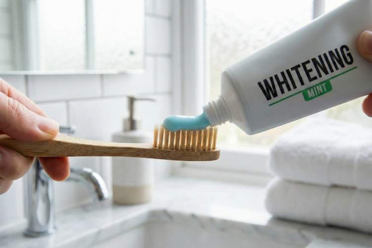 Whitening toothpaste and toothbrush for at-home teeth stain removal.