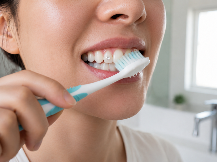 Woman gently brushing her teeth to care for a bonded tooth gem on her front tooth.