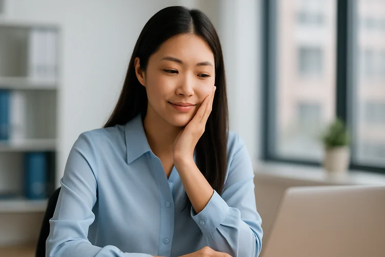 Young Asian woman back at work touching cheek lightly during recovery from wisdom tooth extraction.