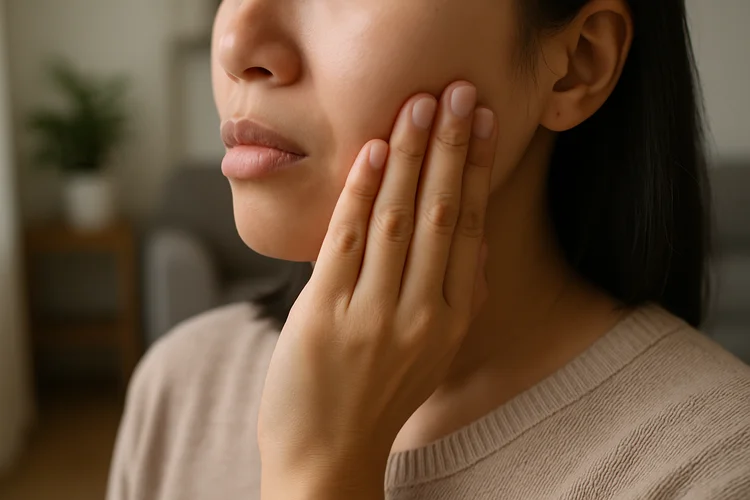 Woman holding cheek unsure about dental treatment recommendation and considering second opinion.