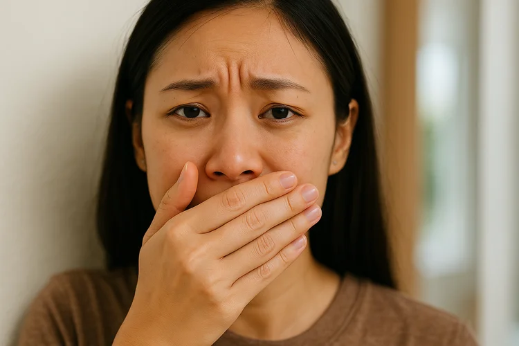 Young Asian woman covering mouth due to self-consciousness about crooked teeth.