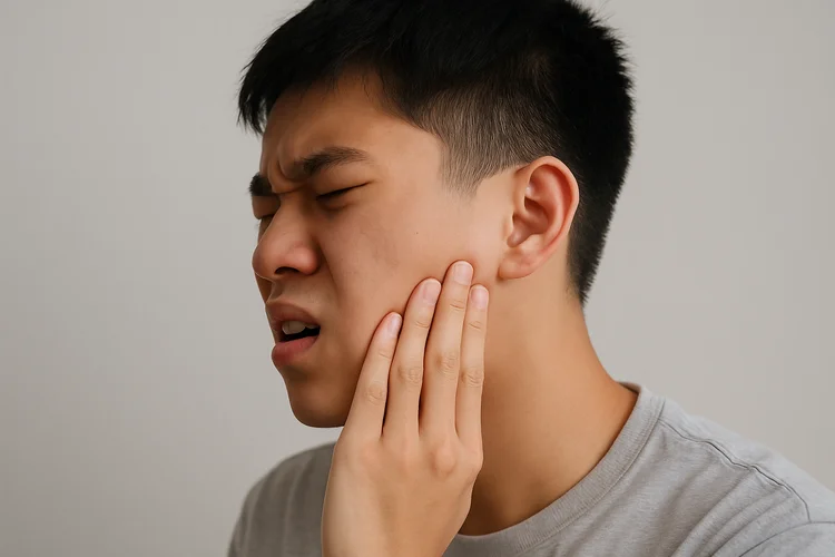 Young man touching jaw in pain showing early symptom of wisdom tooth coming in behind molars.