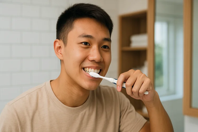 Young Singaporean man brushing teeth in bathroom to maintain oral hygiene and prevent tooth loss.