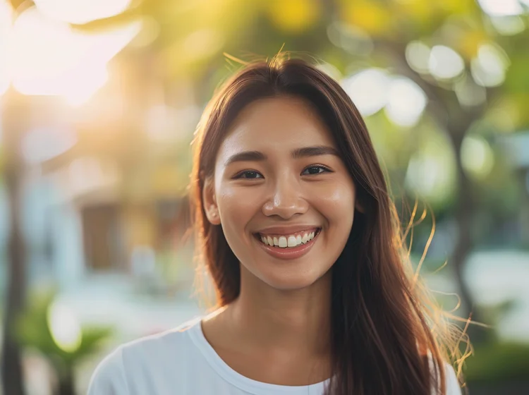 Young Singaporean woman smiling cheerfully after getting dental veneers and crowns to restore her smile beautifully and functionally.