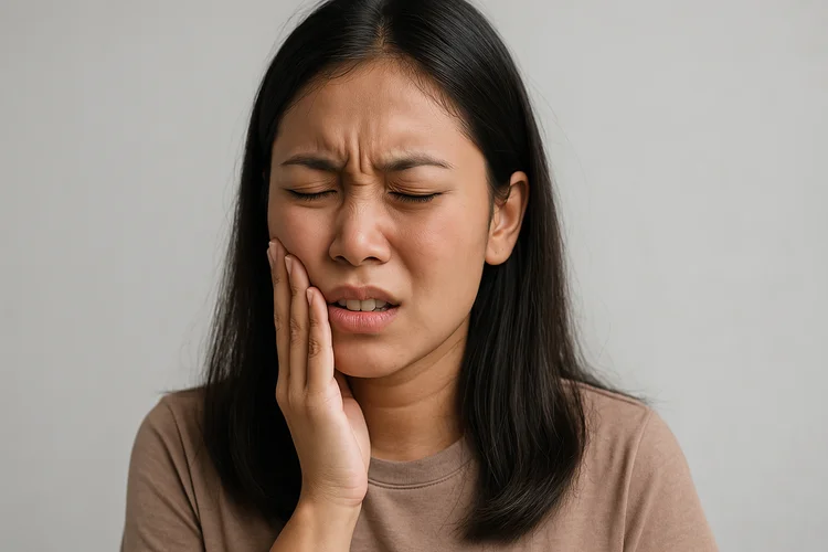 Young woman holding cheek in pain from tooth decay, infection, or gum disease requiring extraction.